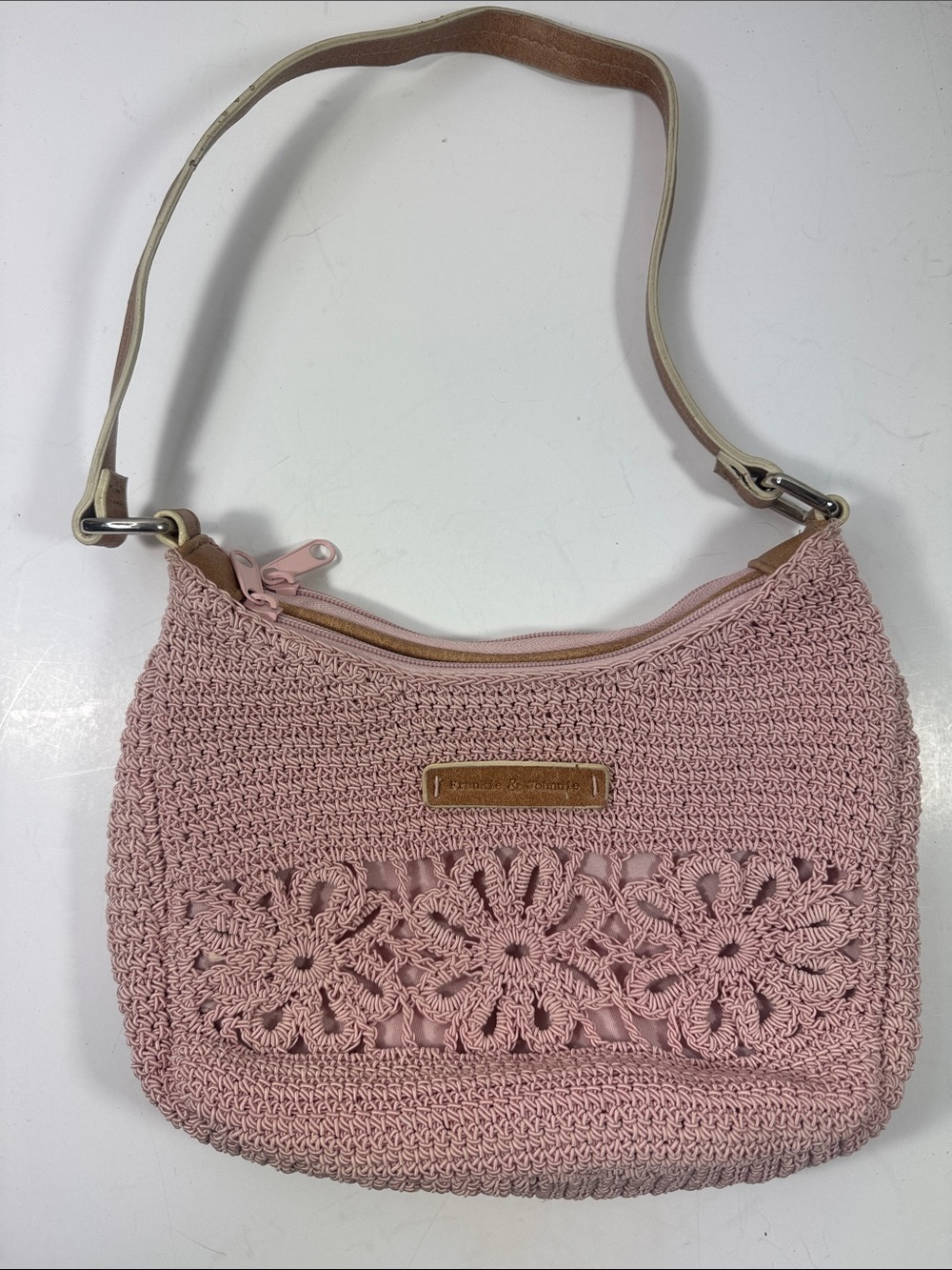 Frankie & Johnnie Woven Floral Crochet Shoulder Bag in Light Pink